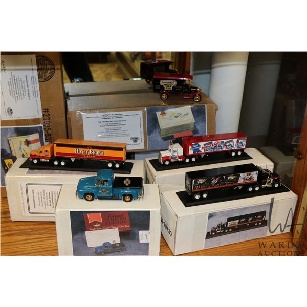 Six Matchbox Collector Edition die- cast trucks including 1:100 scale Miller Genuine Draft Peterbuil