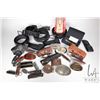 Image 1 : Tray of collectible knives including with webbed sheaths, pocket knives, leather belts, belt buckles