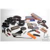 Image 1 : Tray lot of collectible knives including with webbed sheaths, pocket knives, leather belts, belt buc