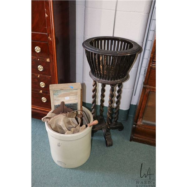 Selection of antique and vintage collectibles including five gallon Medalta crock, a one gallon Meda