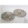 Image 1 : Two antique hand painted famillee rose oval dishes featuring court scene, fauna and flora, each appr