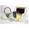 Image 1 : Selection of collectibles including hand blown art glass ball, glazed semi porcelain flower basket w