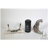 Image 1 : Stone pen holder with Inuit bird carving and a soapstone whale carving signed by artist Sila Kelly 6