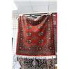 Image 1 : Small square wool area carpet with deep brick background, geometric design, fringed edge and highlig
