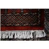 Image 2 : Small square wool area carpet with deep brick background, geometric design, fringed edge and highlig