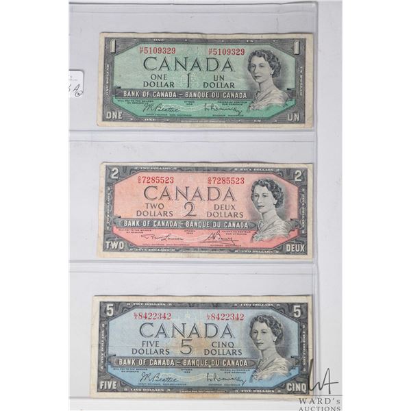 Selection of 1954 Canadian bank notes including one, two, five and twenty dollar denominations, in u