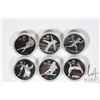 Image 1 : Six 1988 Calgary Olympic twenty dollar .925 silver coins, each depicting a different sport, appear t