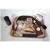 Image 1 : Tray lot of vintage and antique collectibles including Iroquois beaded wall pocket, glass TWNCO ink 