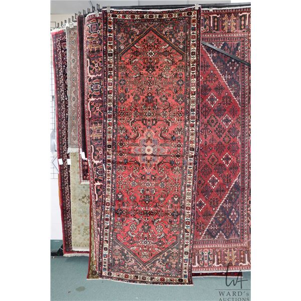 100% handmade Iranian wool "Hamedan" carpet runner with center medallion, geometric stylized floral 