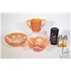Image 1 : Three pieces of marigold Carnival glass including large sugar bowl and dish and a fluted dish plus a