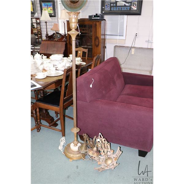 Floor standing torche lamp and two Art Deco ceiling fixtures, no shades