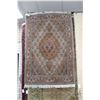 Image 1 : Small fringed fine weave wool throw rug with center medallion and highlights of white, sage, orange 
