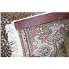 Image 3 : Small fringed fine weave wool throw rug with center medallion and highlights of white, sage, orange 