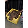 Image 1 : Vintage crate a selection of tools including vise, socket set, open end wrenches, pry bars, pulleys 