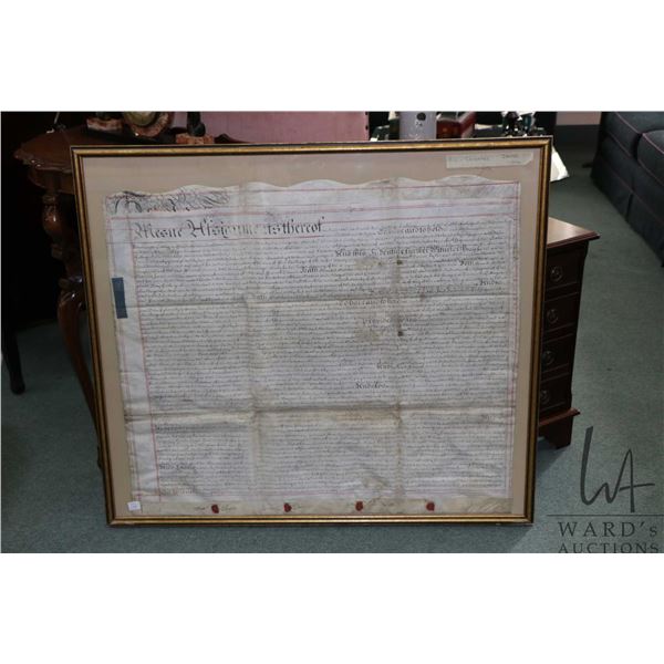 Framed antique indenture dated 1742, appears to be related to lot 291 with the names Fenwick Dormer 