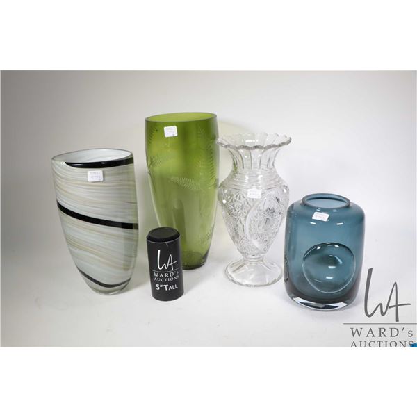 Four glass vases including antique colourless , mid century with etched leaves, cased art glass and 