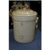 Image 3 : Five gallon, double handled and lidded Medalta crock, and a vintage Zanesville Pottery jardinere and