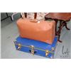 Image 1 : Vintage leather suitcase and a small metal steamer trunk with brass bindings