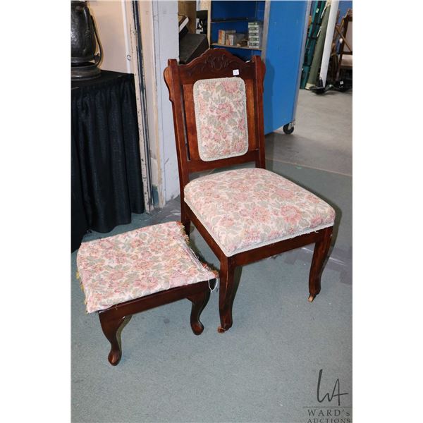 Antique tapestry upholstered side chair with a modern stool