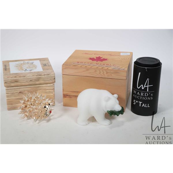 White marble hand carved bear figure with jade fish, 4" in length with original COA and wooden box p