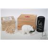 Image 1 : White marble hand carved bear figure with jade fish, 4" in length with original COA and wooden box p