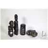 Image 1 : African carvings including two ebony figures and a soapstone hippopotamus 7 1/2" long, note some dam