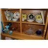 Image 1 : Two shelves of collectibles including Nippon, vintage hand painted plates, depression style glass, h