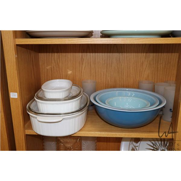 Shelf lot of collectibles including Corningware, Pyrex, satin tumblers etc. Note: Not available for 