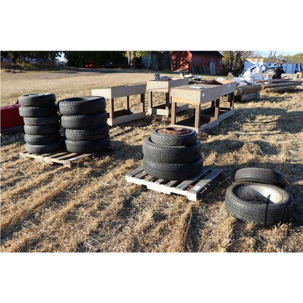 Selection of tires and rims, some obvious junk and some decent pieces including donut spares on rims