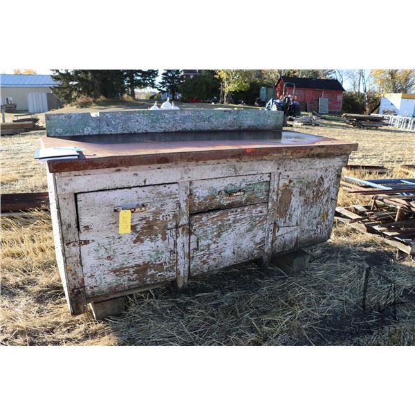 Large work bench, wooden construction with metal top, 39" X 80" X 36" deep    Please note: Viewing t