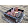 Image 1 : Selection of jerry cans including four metal and four plastic, sitting in wheeled cart