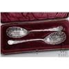 Image 2 : Pair of antique sterling silver shell motif motif pierce edge spoons in fitted case. British hallmar