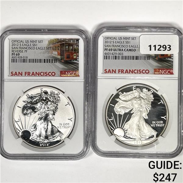 2012-S Set (2) Silver Eagle NGC-PF69 1 UC, 1 Rev