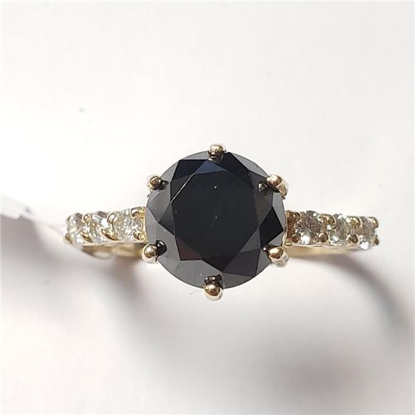 10K Yellow Gold Black Diamond(2.4ct) Diamond(0.2ct) Ring (~Size 6.5) (~weight 2.61g), Made in Canada