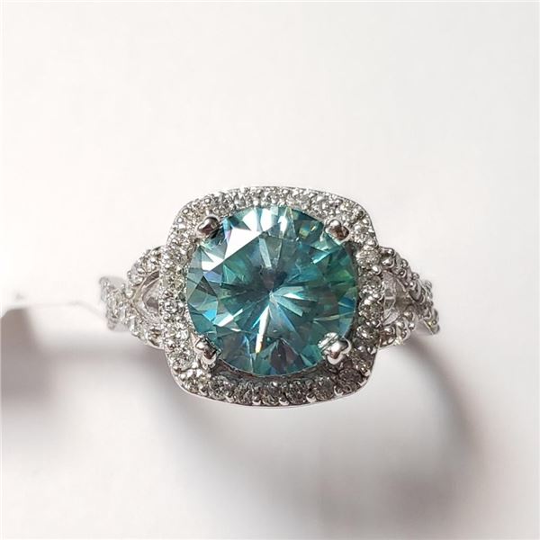 14K White Gold Intense Slightly Greenish Blue Moissanite(3.2ct) Diamond (0.45Ct,I1-2,F-G) Ring (~Siz