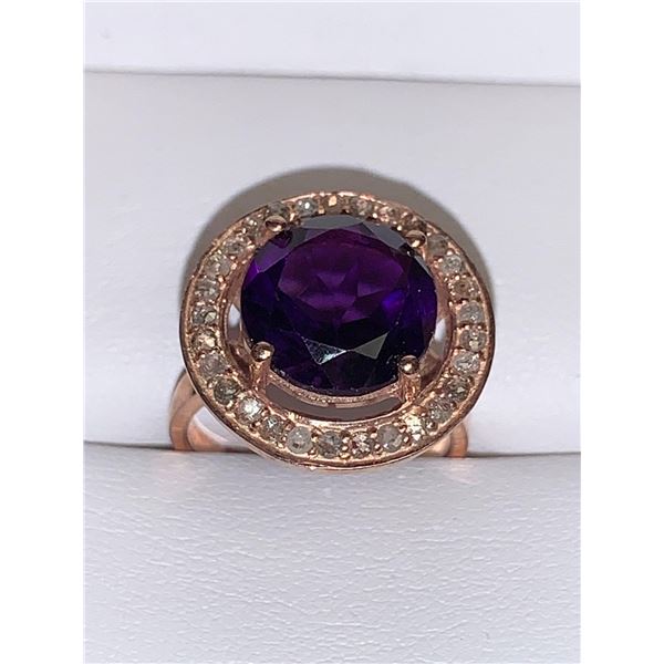 Natural Amethyst & Diamond  7.65 Carat Cluster Top Rose Gold 14K and .925 Silver Ladies Ring with Ce