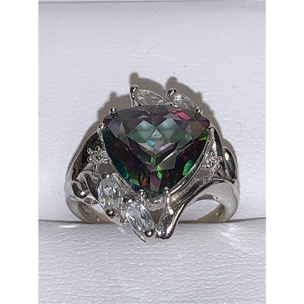 Natural Topaz & Diamond 6.28 Carat 10K Gold Half moon and emerald cut ring with Certificate Valued $