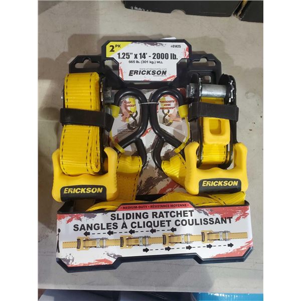 New Erickson  2 pack 1.25"x14' - 2000LB Cap. Sliding Ratchet Strap Set