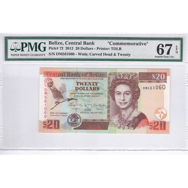 Belize, Central Bank, 20 dollars, 2012, Commemorative, P-72, PMG 67EPQ