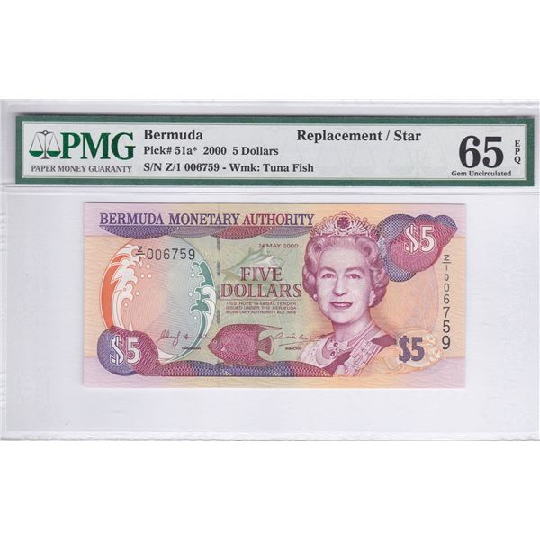 Bermuda, 5 dollars, 2000, Replacement Star, P-51a*, PMG 65EPQ