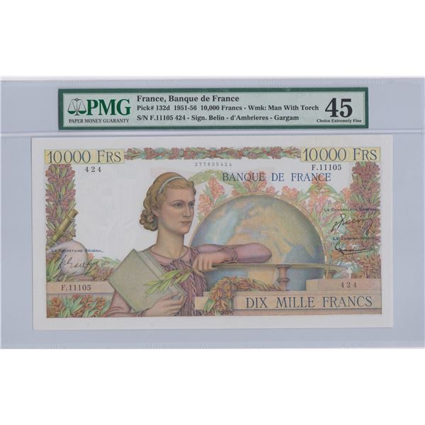 Francs,10,000 Francs, 1951-56, P-132d, PMG 45