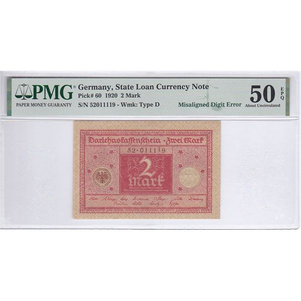 Germany, State Loan Currency Note, 2 Mark, 1920, Misaligned Digit Error, P-60, PMG 50EPQ