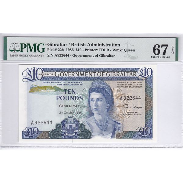 Gibraltar/ British Administration, 10 Pounds, 1986, P-22b, PMG 67EPQ