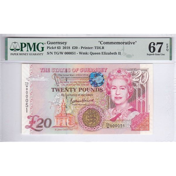 Guernsey, 20 Pounds, 2018, TG/W 000051 Commemorative, P-63, PMG 67EPQ