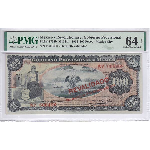 Mexico, Revolutionary, 100 Pesos, 1914, Overprinted "Revalidado", P-S708b, PMG 64EPQ