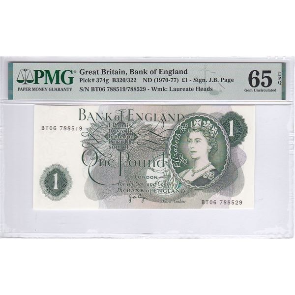 Great Britain, Bank of England, 1 Pound, ND 1970-77, Mismatched S/N Error, PMG 65EPQ