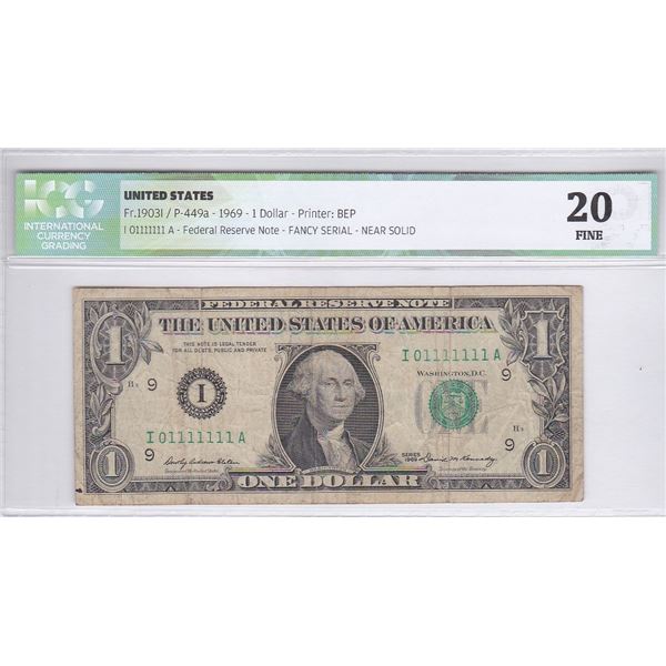 USA, Federal Reserve Note, 1 dollar, 1969, S/N. I01111111A, Fancy Serial Near Solid, ICG 20