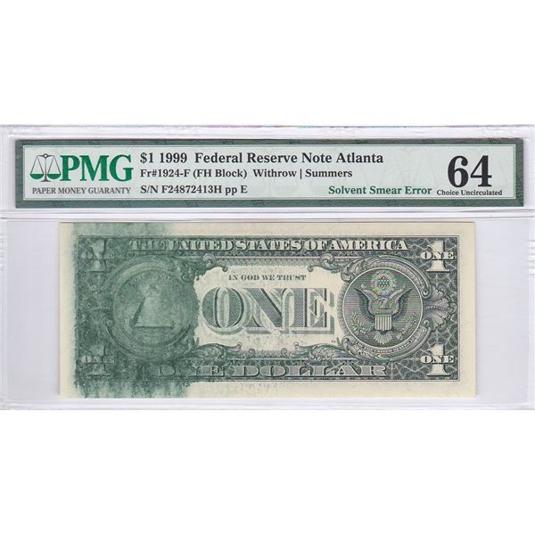 USA, Federal Reserve Note, Atlanta, 1 dollar, 1999, Solvent Smear Error, PMG 64