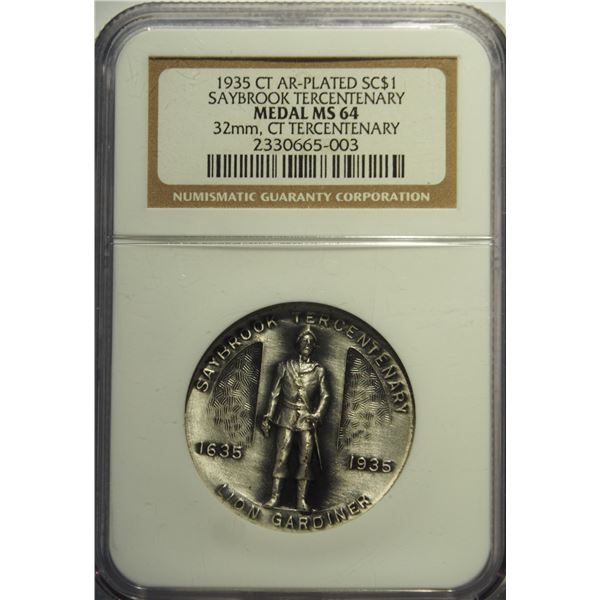 USA, $1, 32mm silver medal, 1935, NGC MS64, Saybrook Tercentenary