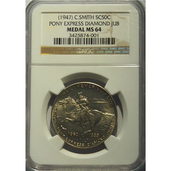 USA, 50 cents, Medal, 1947, NGC MS64, Pony Express Diamond Jub